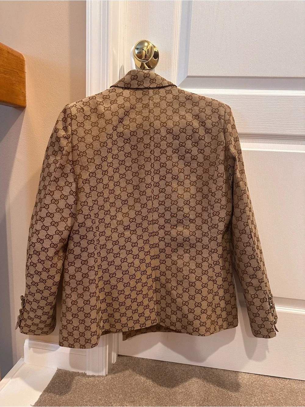 Beige  Monogram Print Double-Breasted Blazer